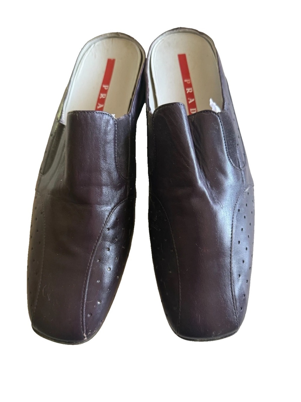 Vintage Prada Hand-Dyed Plum Leather Perforated Square Toe Mule Slides 38